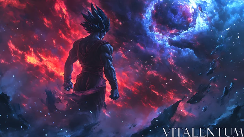 Cosmic warrior before swirling galactic storm portal.