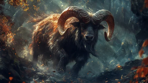 Large horned beast moving through misty forest terrain.
