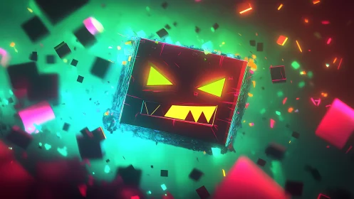 Glowing voxel predator cube amid neon volumetric debris.