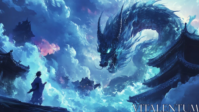 Celestial storm dragon confronting cloaked figure above pagodas.