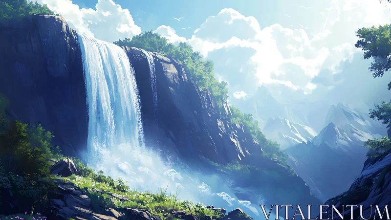 Hydrodynamic waterfall canyon under volumetric cloud illumination.