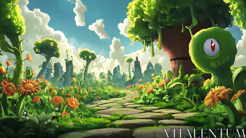 Whimsical sunflower path winding through watchful fantasy ruins.