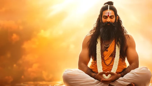 Bearded Hindu sage meditating in warm golden light.