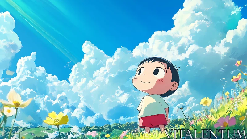 Child stands in flower field under large bright summer clouds.