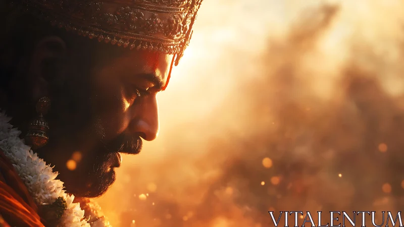 Golden dusk over a contemplative crowned figure in profile.