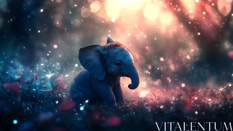 Baby elephant resting in glowing magical forest dusk.