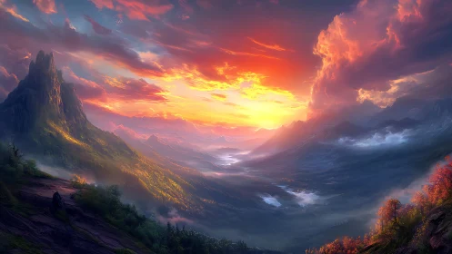 Mountain valley sunset with stylized clouds and glowing light