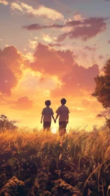 Backlit siblings in tall grass under volumetric sunset sky.