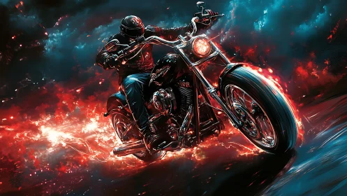 Inferno highway rider streaking through electric stormfire.
