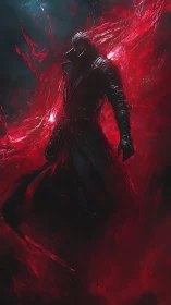 Dark-coated figure stands amid red abstract energy field