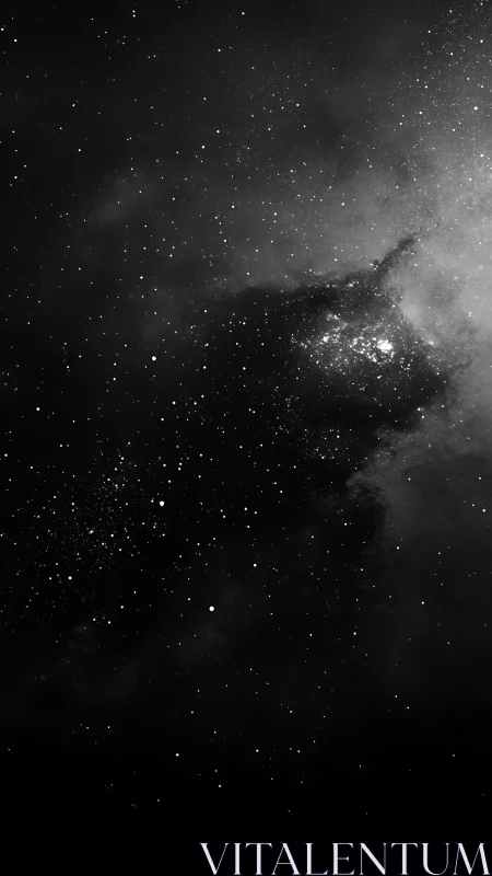 Monochrome deep-space nebula field with stellar grain detail.