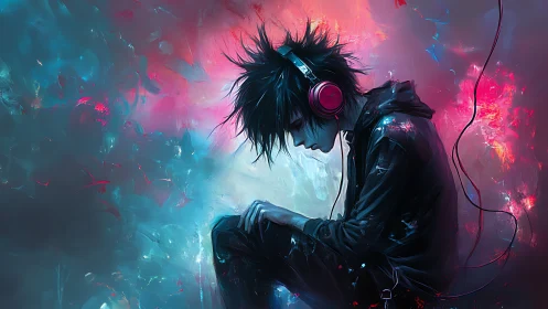 Solitary teen with headphones in vivid digital light.