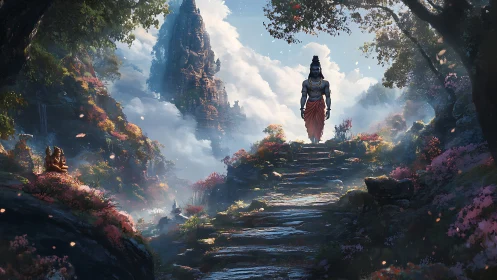 Serene mountain path welcomes a lone mystic traveler