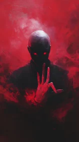 Red-immersed humanoid silhouette with glowing eyes and hand