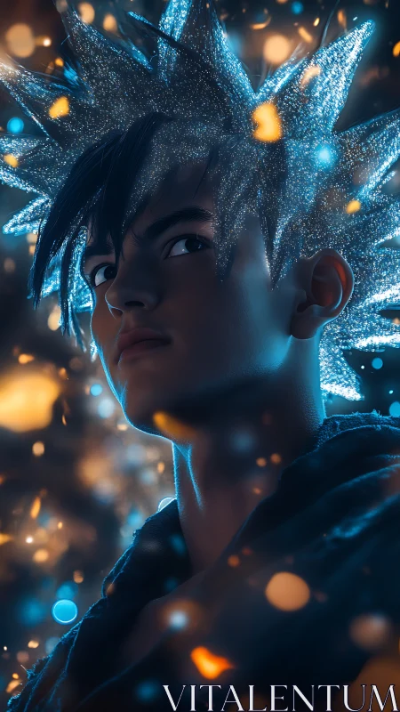 Starlit hero with crystal hair framed in glowing embers.