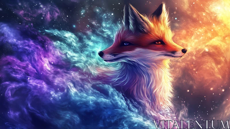 Celestial twin-tailed fox gazes across swirling cosmic nebula.