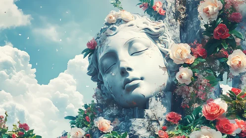 Weathered marble deity head entwined with hyperreal floral overgrowth