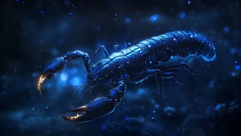 Bioluminescent scorpion drifting through deep blue void.
