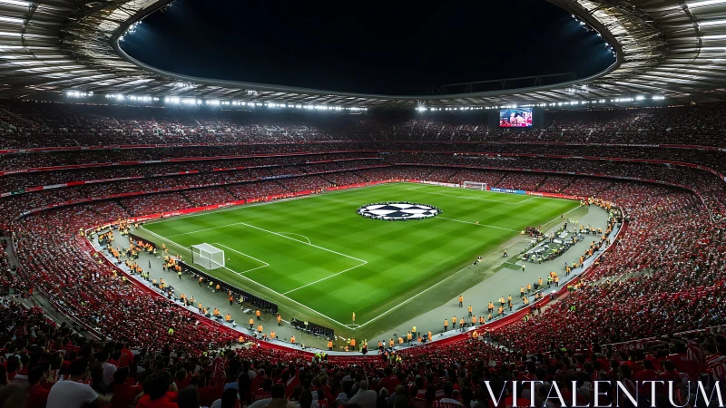 Panoramic night view of capacity-filled UEFA football stadium bowl