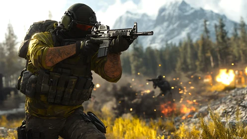 Armed soldier advancing through mountain combat zone.