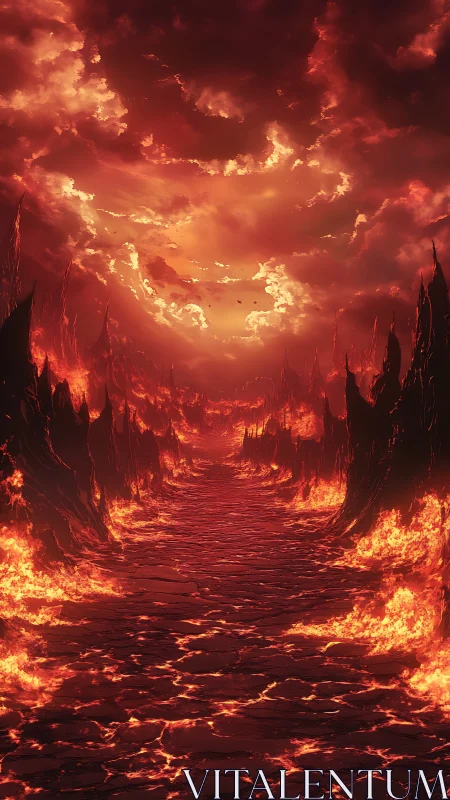 Fiery volcanic path stretches into an infernal crimson sky.