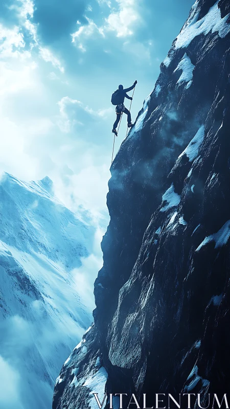 Solitary climber on steep icy cliff in high alpine setting.