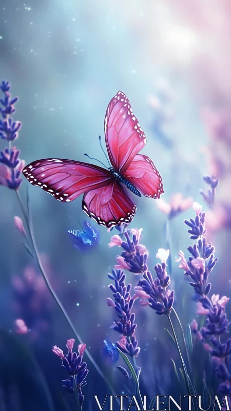 Crimson butterfly drifts like a quiet comet through lavender