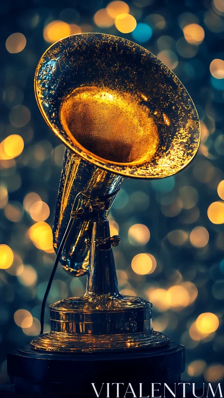 Vintage brass horn trophy under golden bokeh lights.
