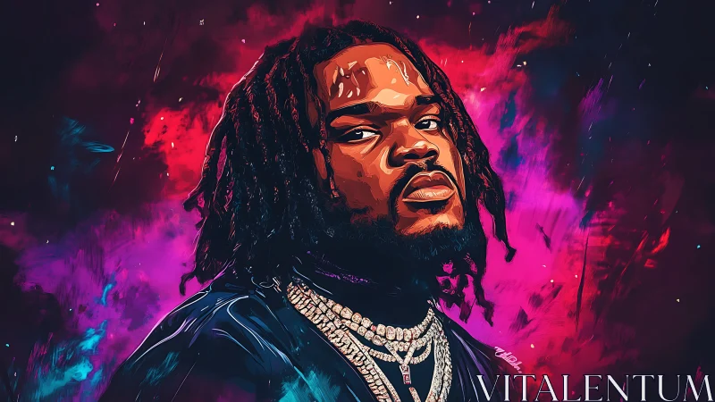 Vivid neon portrait of confident man in cosmic glow.