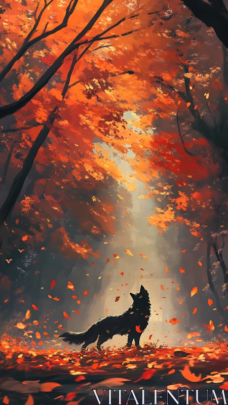 Lone wolf gazes upward beneath radiant autumn canopy.