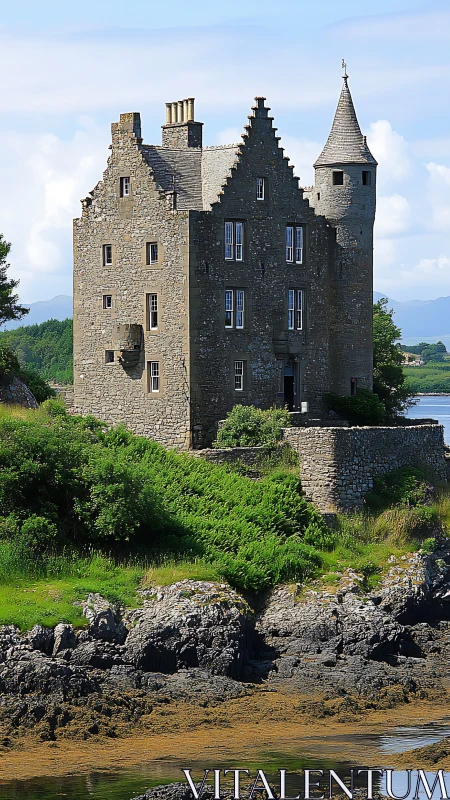 Scottish Castle Tower Stands Waterside Among Lush Highlands.