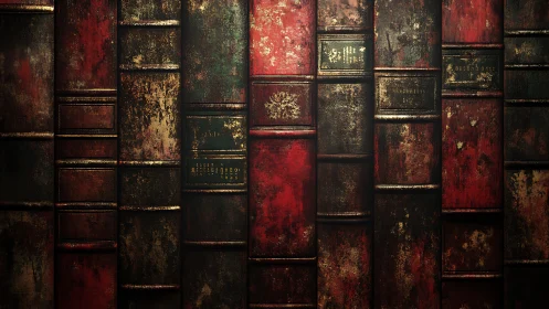 Photorealistic close-up of distressed antique book spines.