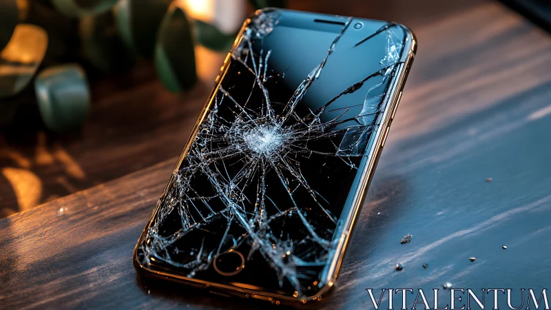 Photorealistic close-up of shattered smartphone screen on desk.
