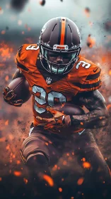 Dynamic digital painting of football running back in motion.