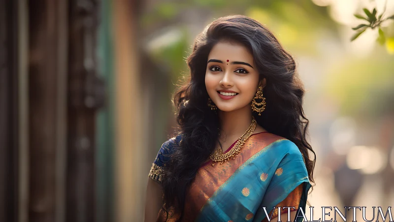 Woman in traditional saree on softly lit urban street.