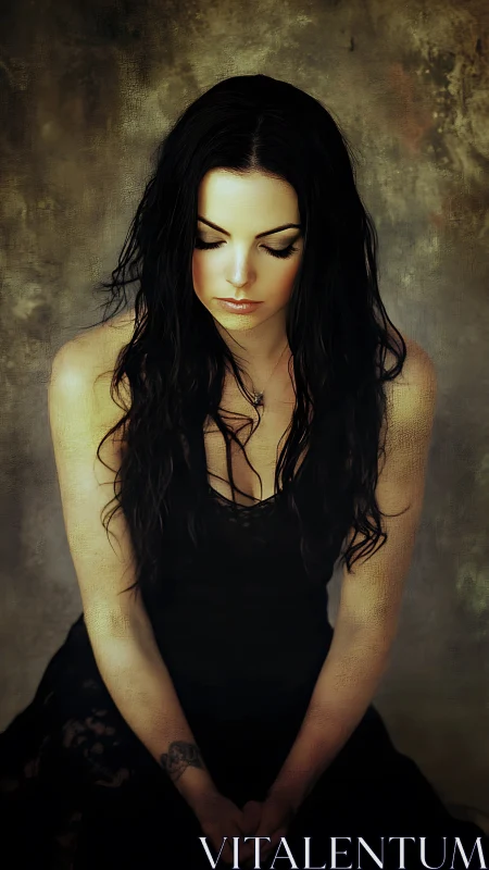 Melancholic woman in black dress sits in quiet reflection