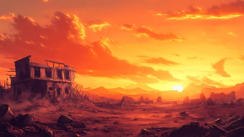 Post-apocalyptic desert ruin under high-saturation sunset glow.