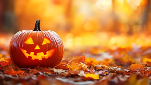 Illuminated jack o lantern on autumn leaves with bokeh glow