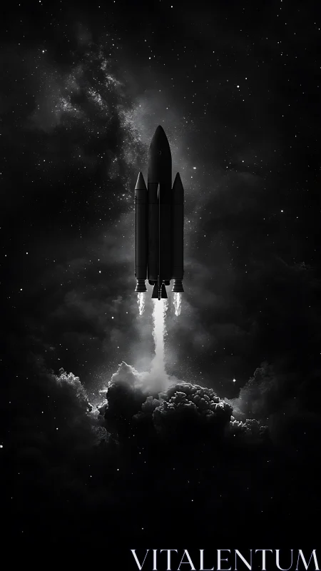 Midnight rocket launch rising through starlit cosmic clouds.