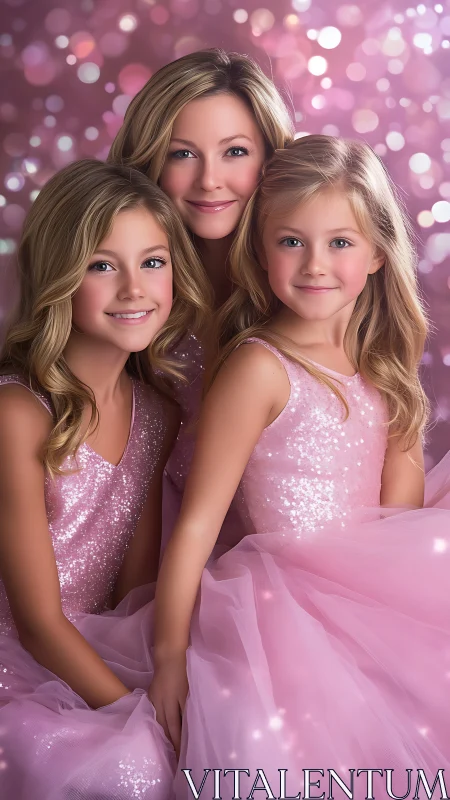Portrait of three females in coordinated pink dresses.