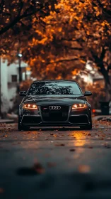 Black Audi sedan parked under dense orange autumn canopy.