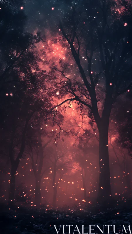 Enchanted night forest glows softly under drifting embers