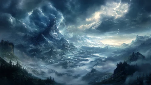 Storm-laden mountain range with clouds and distant valley.