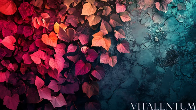Crimson ivy drifts into teal stone, where autumn meets dusk.