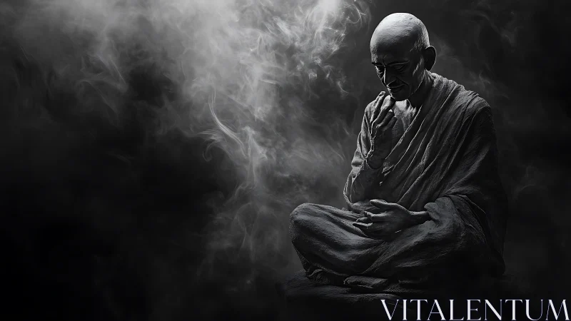 Monochrome seated monk sculpture in surrounding smoke field.