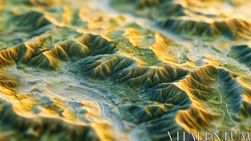 3D topographic mountain relief with luminous contour mapping.