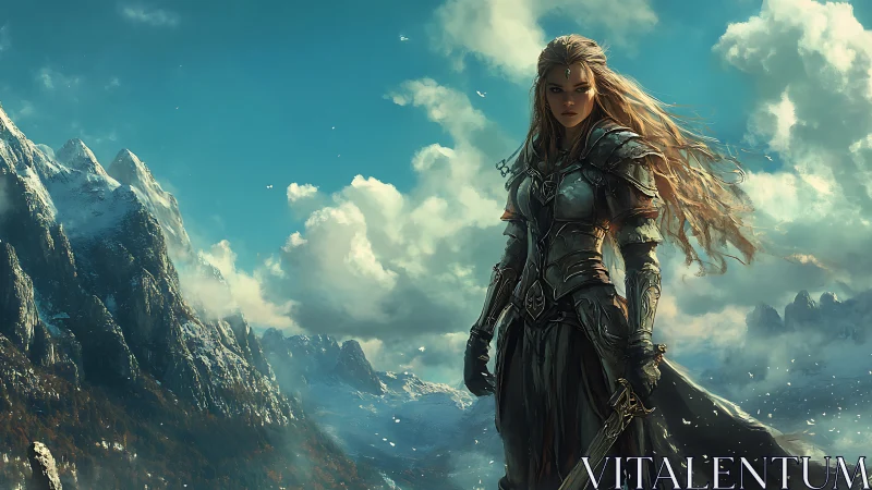 Warrior queen stands defiant beneath storm-bright mountains