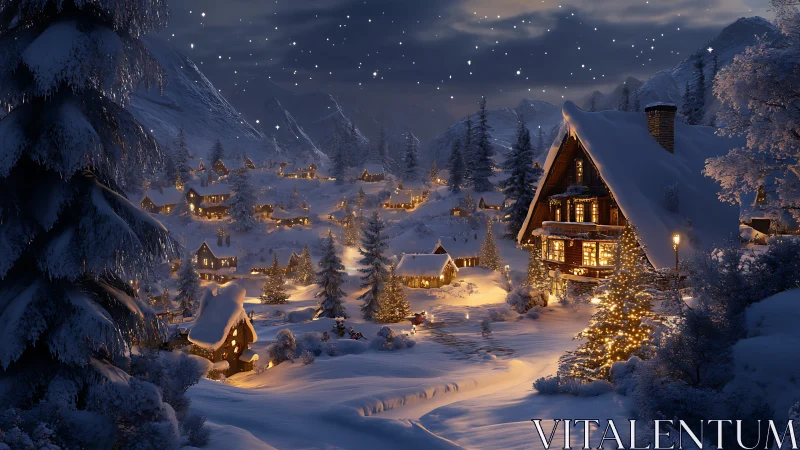Snow-covered alpine village is illuminated by warm house lights