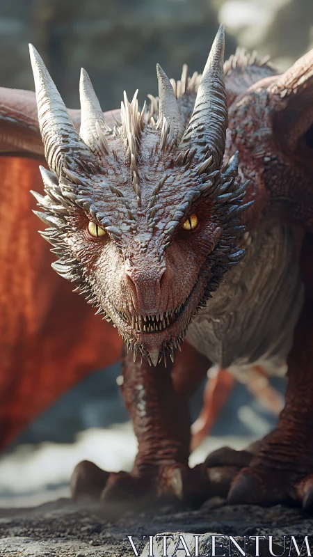 Fierce red dragon leans forward and locks eyes with you