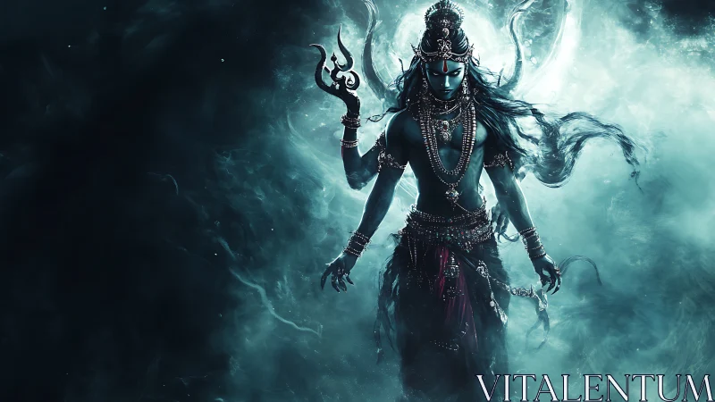 Mythic blue-skinned deity in smoke-filled digital scene.